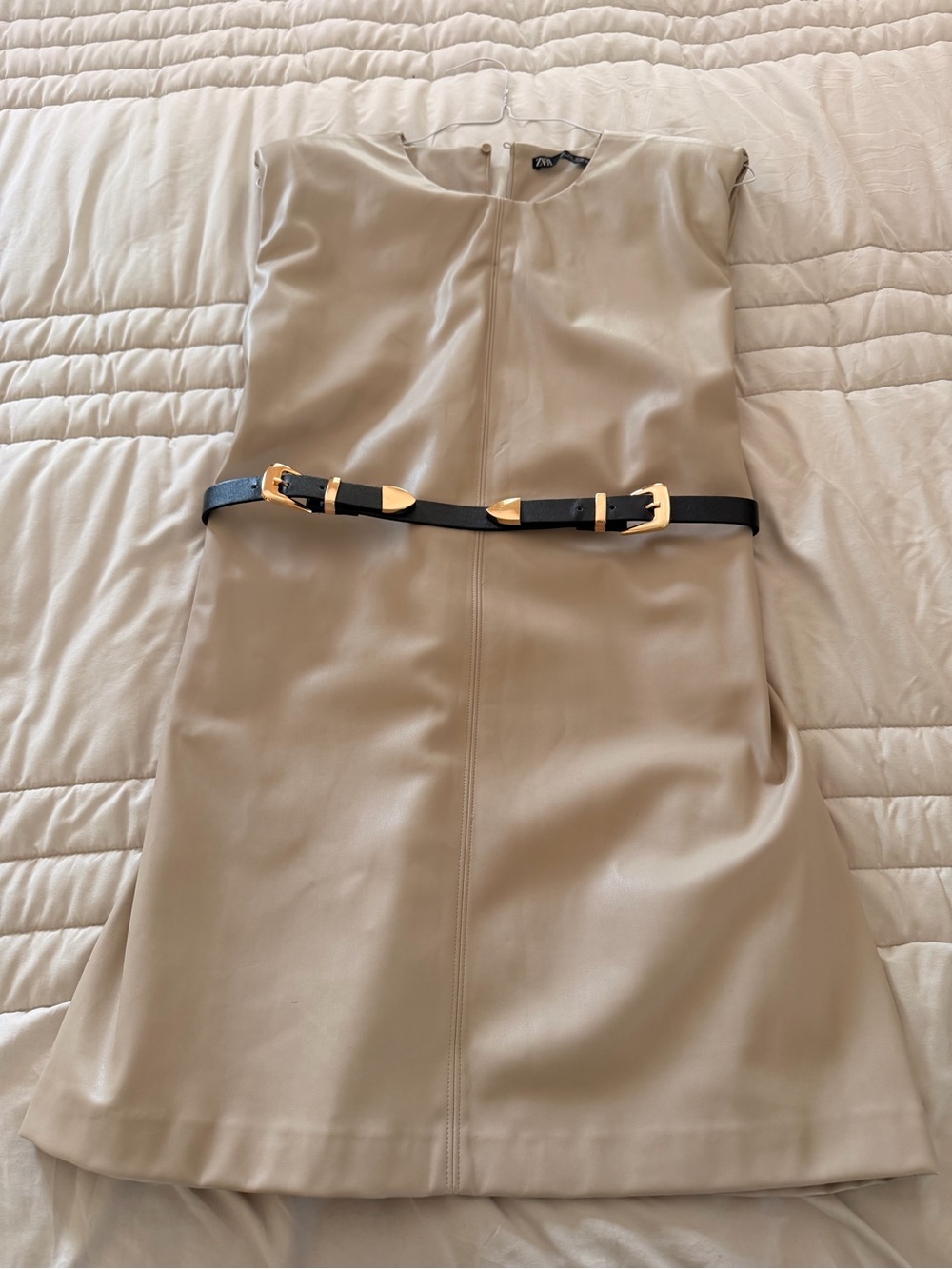 Zara faux leather tan short dress with Black Belt Gold Double Buckles